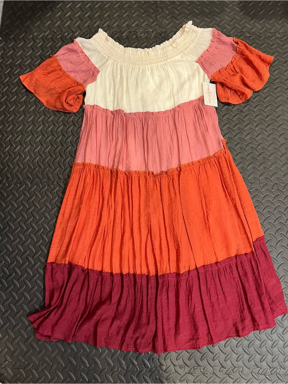 Umgee Colorblock Tiered Dress - White, Pink, Orange & Burgundy